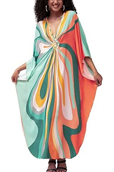 YouKD Maxi Dress V-Neck Kaftan Boho Robes Beach Cover-ups Dress Maxi Garment ...