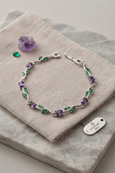 Inure Jewelry سوار نسائي من النحاس الفضي موديل زهرة حجر الزركون الأرجواني