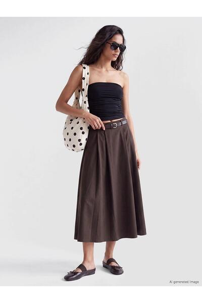 LC Waikiki High Waist Belted Pleated Flared Women's Skirt (W6)