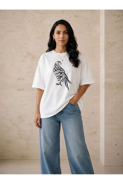 ZAVIXO Unisex Oversize T-Shirt with Eagle Figure Calligraphic Print, Cotton C...