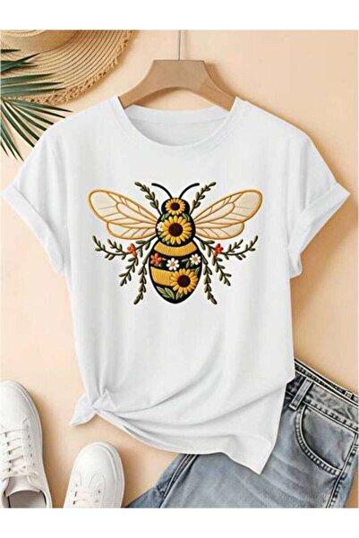 23ERVA Floral Bee Design, Women's Nature Inspired Pattern, Pure Cotton T-Shir...