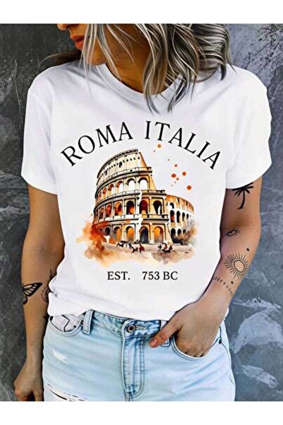 k222 Roma Italia, Women's Colosseum Text Design, Pure Cotton T-Shirt, Summer ...
