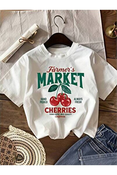 2BIR Casual Style, Women's T-Shirt, Farmer's Market Cherries Print, Summer Ou...