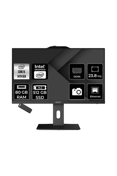 MSI PRO AP242P Intel Core i5 14400 80GB RAM 512GB SSD UHD Graphics 23.8" Full HD (1920x1080) FreeDOS 14M-649XEUP344 Siyah All In One Bilgisayar + Per4 USB Bellek