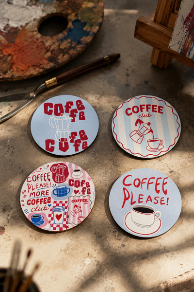 BYC TÜRKİYE Coffee Please 4’lü Bardak Altlığı Seti - 9 cm, 3 mm MDF, UV Baskı