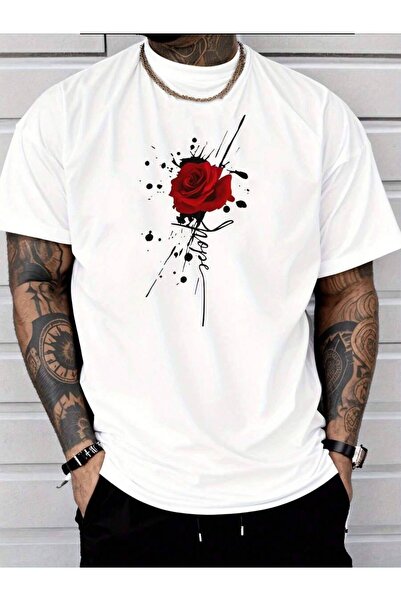 25W Crew Neck Men's Style Short Sleeve T Shirt With Red Rose White Splatter P...