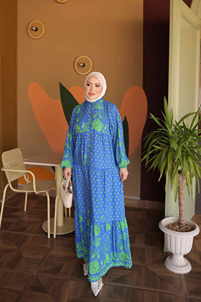 İmajButik Φόρεμα από βισκόζη με μπλε μανίκια με μισά κουμπιά και ελαστική φού...