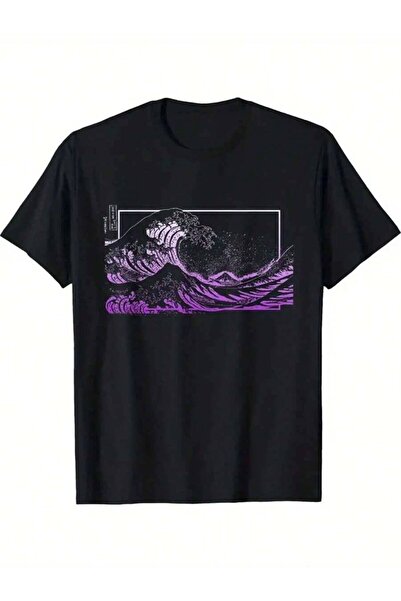 2BIR Men's Black T-Shirt With Artistic Purple Wave Print - 100% Cotton, Round...