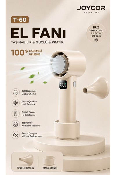 JOYCOR T-60 El Fanı 100 Kademeli Güçlü Üfleme Buz Soğutmalı Dijital Ekran Taş...