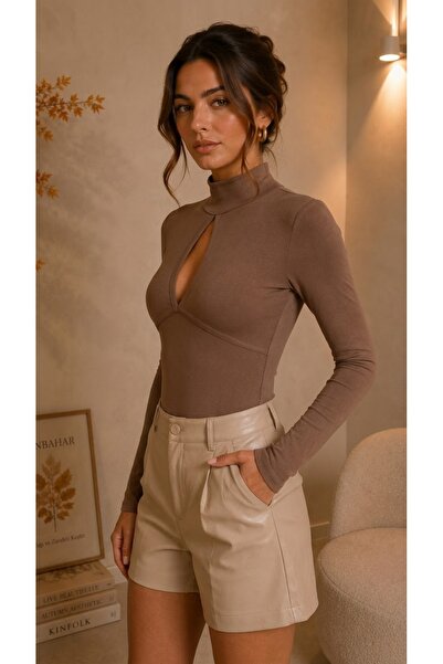 peralist Women's Brown Stand Collar Window Detailed Viscose Elastane Blouse