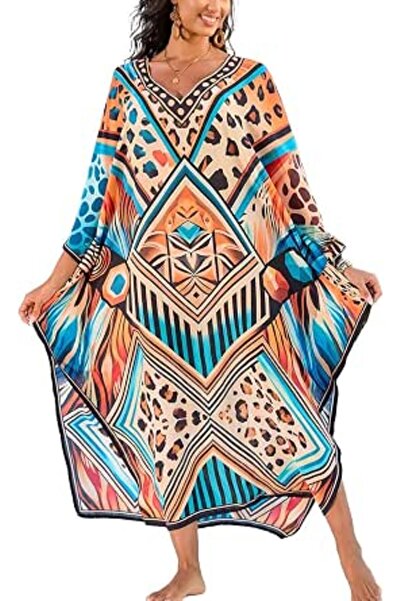 YouKD Women's Pirnt Floral Long Kaftan Maxi Dress Pluse Size Bikini Beach Cov...