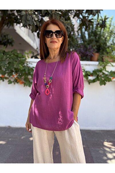 DenizEge Italian Cotton - Linen Textured Blouse with Pendant Plum