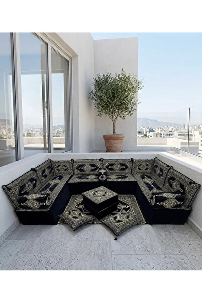 BAKIRÖZÜ HOME Lacivert Yahyalı Modeli U Şark Köşesi Seti (40 cm Ultra Süngerl...