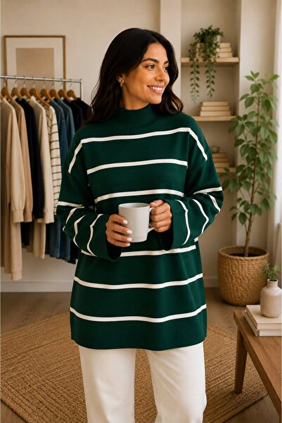 OTAKU Women's Striped Oversize Knitwear Sweater High Collar Loose Comfortable...