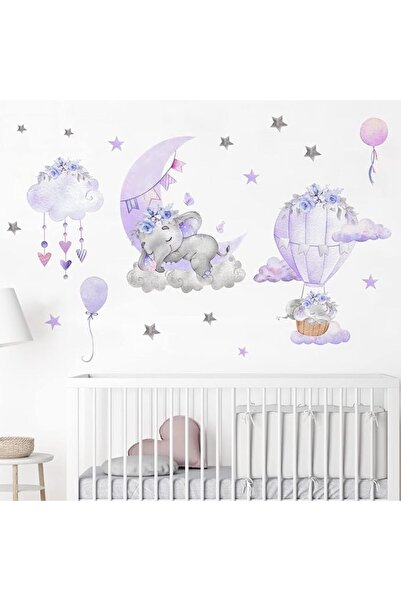 EXCEFORE Blue Watercolor Elephant Wall Decals, Sweet Dream Sticker with Moon ...