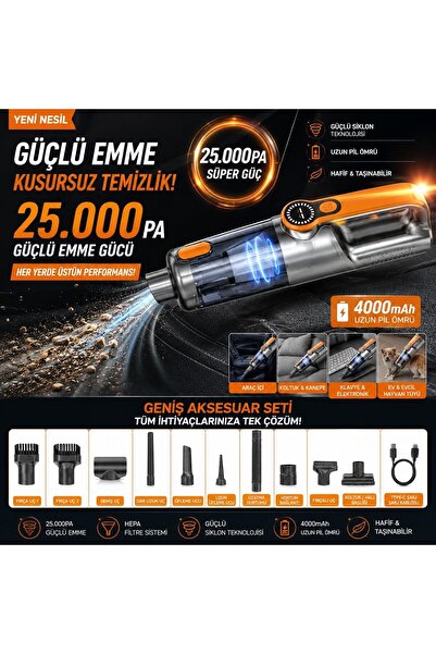 Trendhane 25.000 Pa Güçlü Emiş Şarjlı El Süpürgesi – Kablosuz Taşınabilir Ara...