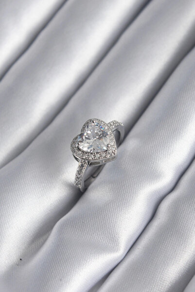 SORA GROUP Brass Silver Color Zircon Stone Heart Charm Model Women's Ring