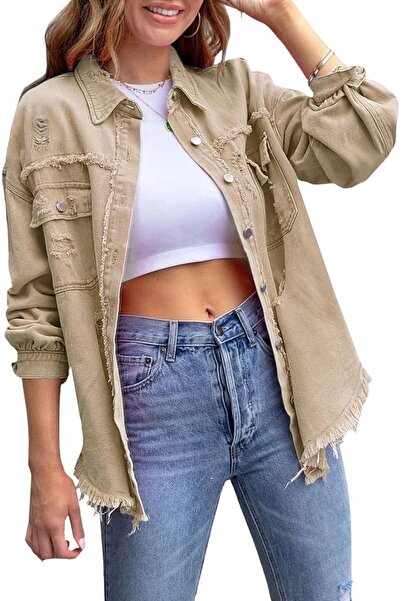 Generic Womens Ripped Distressed Denim Jacket Distressed Hem Button Front Boy...