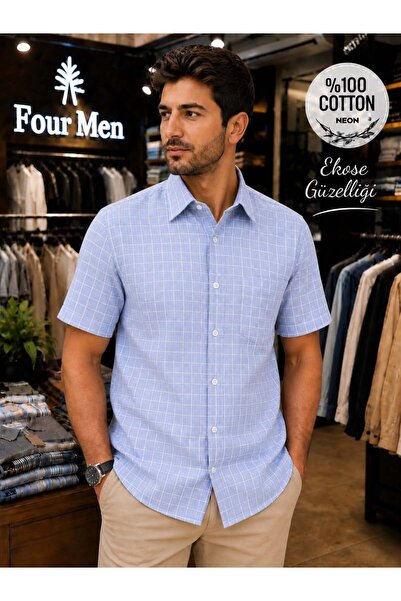 EREN STYLE Linen Classic 100% Cotton Short Sleeve Plaid Cotton Single Pocket ...
