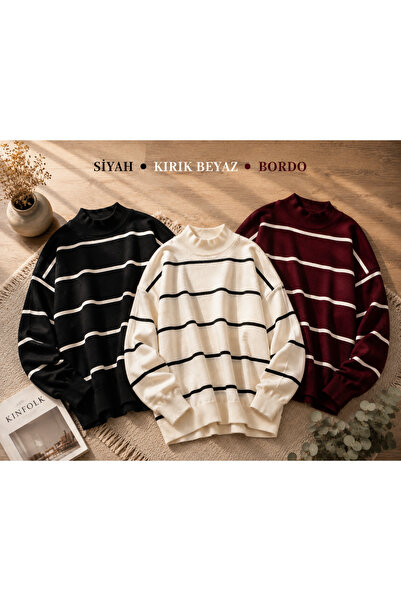 DepoExport Women's 3-Piece Striped Knitwear Sweater Oversize Loose Design