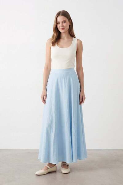 Puane Women's Vertical Piping Bell Cut Woven Blue Skirt 32483