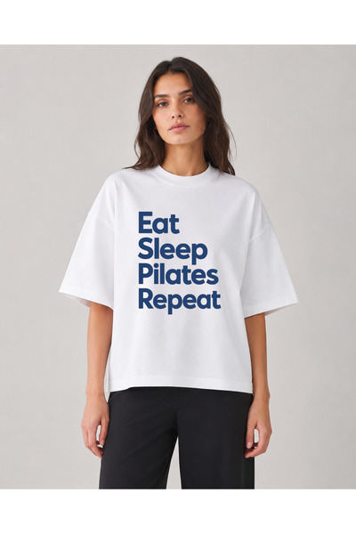 Eat Sleep Pilates Repeat Baskılı Oversize Tişört Unisex Pilates Yoga Spor Streetwear T-Shirt Kalın Dokulu