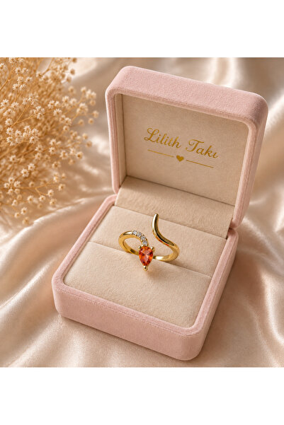 Lilith Takı Women's Orange Red Stone Gold Ring – Curved Stylish Design with D...