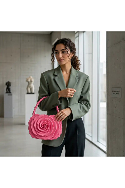 Verda Desing حقيبة يد نسائية بتصميم خاص باللون الوردي مع تصميم زهرة الورد ثلا...