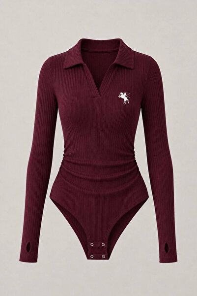 İlayda Toprak Steed Bordo Polo Yaka Premium Fitilli Esnek Nakışlı Büzgülü Uzu...