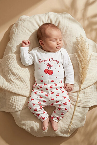Süper Mini Baby Berry Sweet Baby Girl 100% Cotton Cherry Patterned Long Sleev...