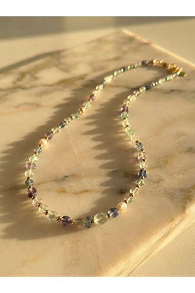 Meneva Aksesuar Fluorite Natural Stone and Stainless Steel Combination Necklace