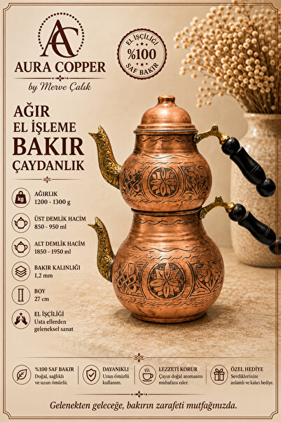 AURA COPPER Gaziantep Geleneksel Büyük Boy Bakır Çaydanlık El İşçiliği Ağır E...