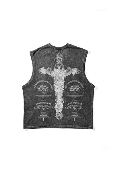 Sekizbiraltı Gotik Haç Baskılı Yıkamalı Siyah Sıfır Kol Tshirt