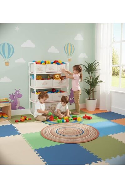 Bentifar Kids Toy Storage Organizer, 4-Tier Shelf with 8 Fabric Bins & XL Bottom Chest, Cute Bear De
