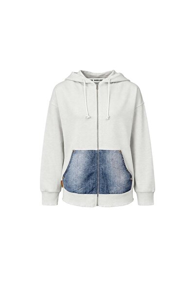 #vdr viadellerose Ecru Blue Denim Textured Hooded Oversize Sweatshirt with Po...