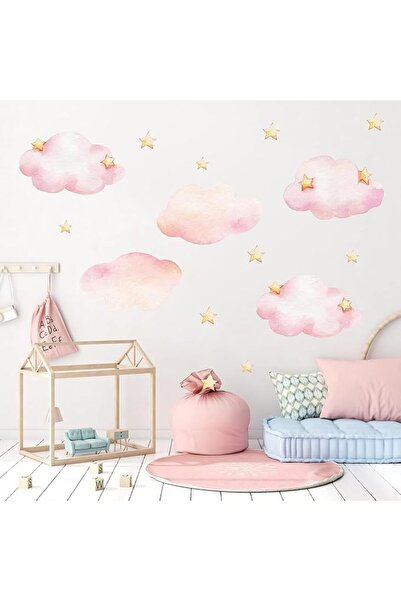 Tazweeq Pink Clouds and Stars Wall Stickers, Cartoon DIY Art Wall Decals, Rem...