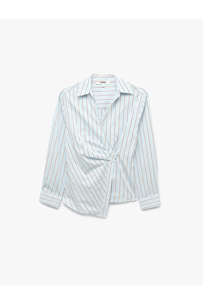 Koton Asymmetrical Cut Cotton Classic Collar Long Sleeve Striped Double-Breas...