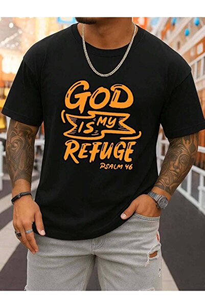 k222 Men's Patterned-Shirt, Featuring Stylish Black Design Print God My Refug...