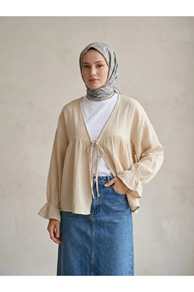 Naknaku Tie-Front Short Kimono-Beige