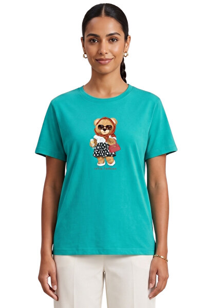 DK DAKSEL Women's Green Retro Teddy Bear Printed T-Shirt Comfortable Fit 100%...