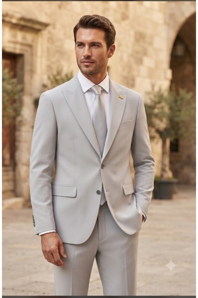 Costumen Two Buttons Double Slits Crepe Fabric Men's Suit with Vest