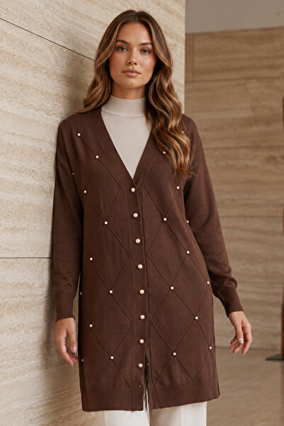 benguen Stoned Diamond Patterned Long Cardigan N3246 Brown