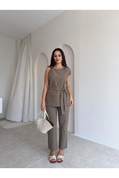 Mooi Butik طقم كتان من دي لييرا 3739 - كاكي