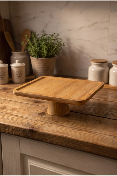 Evyeri Ayaklı Kare Bambu Sunumluk 25x25 cm Dekoratif Sunum Standı Pasta Stand...