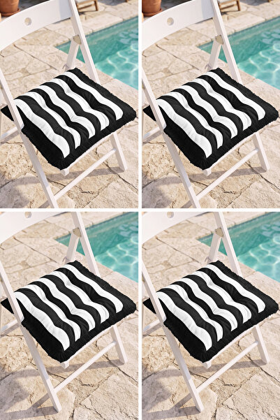 Realhomes Black and White Wavy Striped Retro 4-Piece Fringed Puffy Chair Cush...
