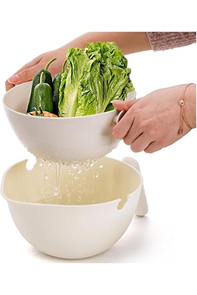 Tazweeq 2-1 Kitchen Colander, Rotating Washing Basket with Handle, Double Dra...
