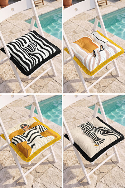 Realhomes Modern 4-Piece Fringed Puffy Chair Cushion Set with Zebra Pattern a...