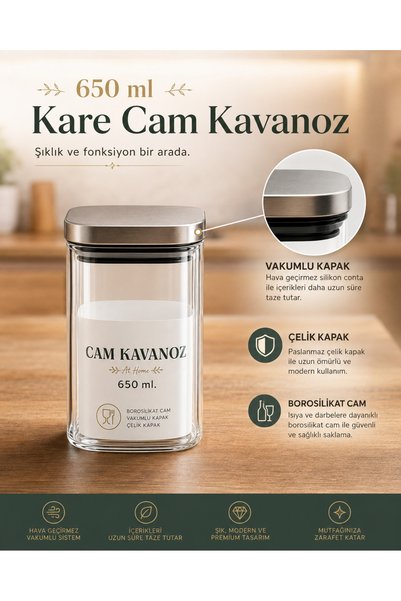 Karçiçeği Home 6’lı 650 ml Kare Borosilikat Cam Kavanoz Seti – Vakumlu Çelik Kapaklı - 8471-2