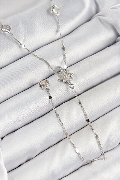 SORA GROUP Brass Zircon Stone Pole Star Model Silver Color Y Necklace