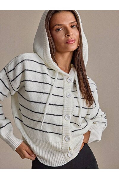 Puella Cardigan tricotat cu glugă și nasturi, cu dungi, ecru, pentru femei